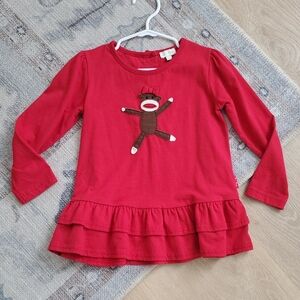 Le Top Girls Red Long Sleeve Sock Monkey Applique Red Ruffle Top Sz4T